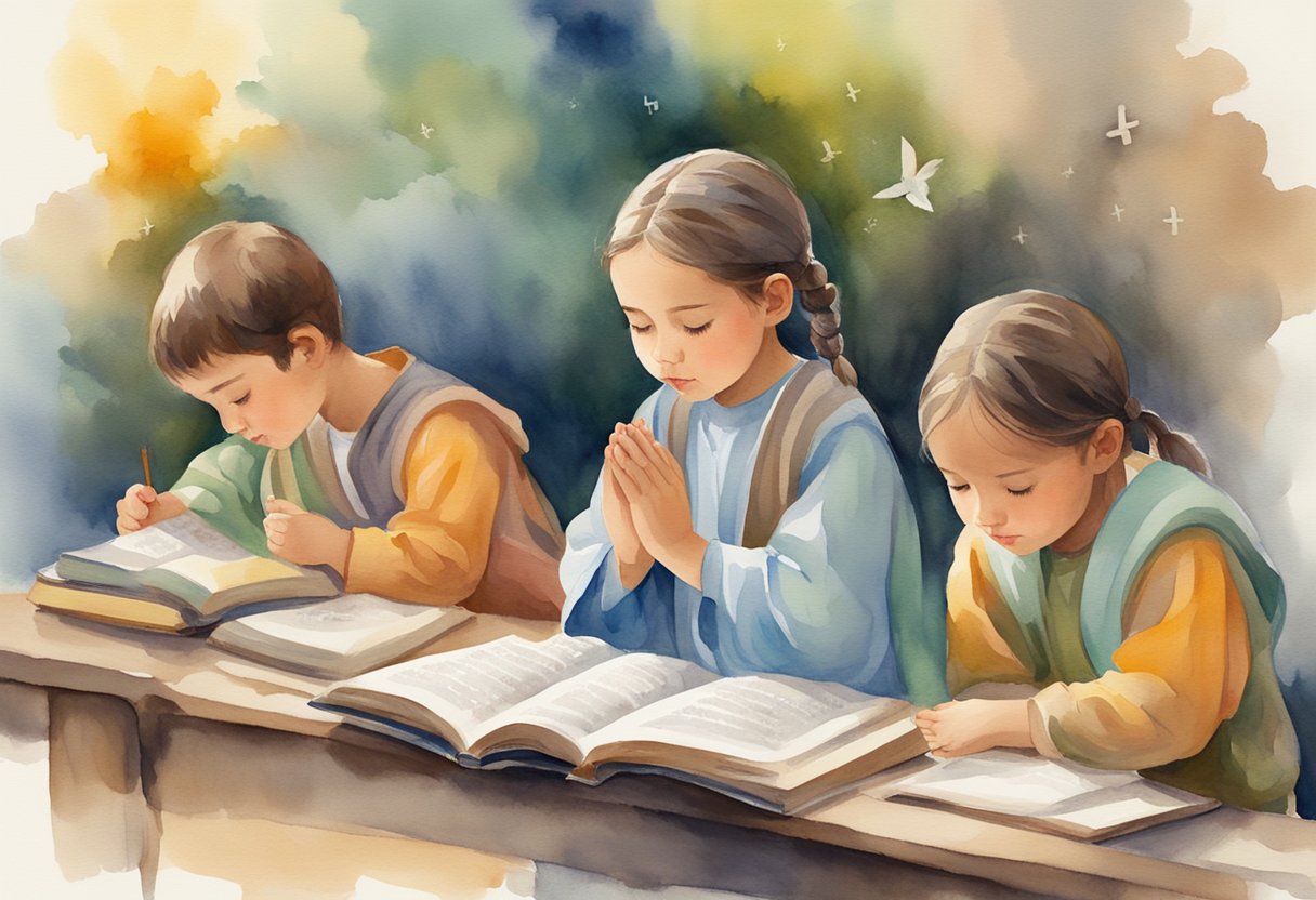 A group of children engage in prayer and study, surrounded by colorful illustrations of biblical stories and symbols of faith