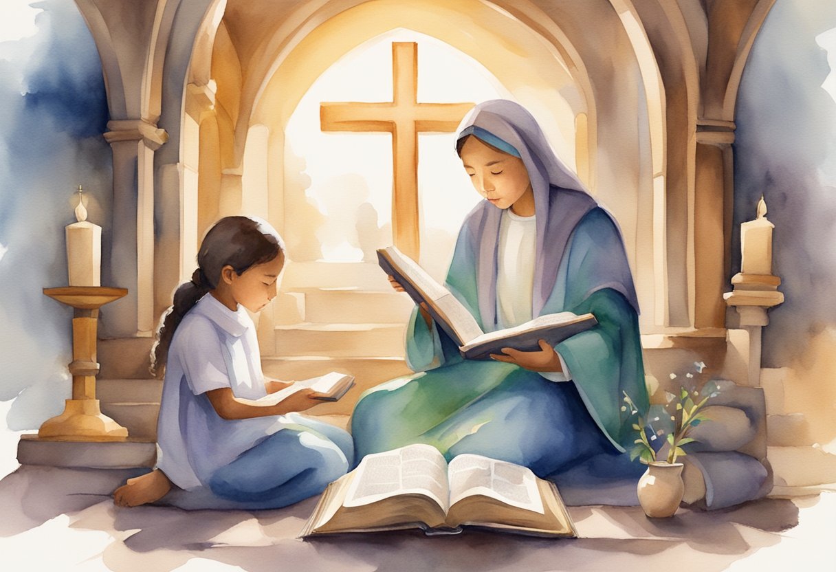 A parent reading a Bible story to a child, surrounded by symbols of faith such as a cross, a church, and a family praying together
