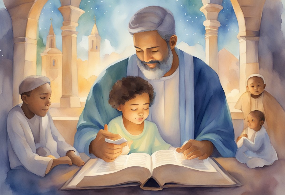 A parent reading a Bible story to a child, surrounded by symbols of faith, love, and guidance