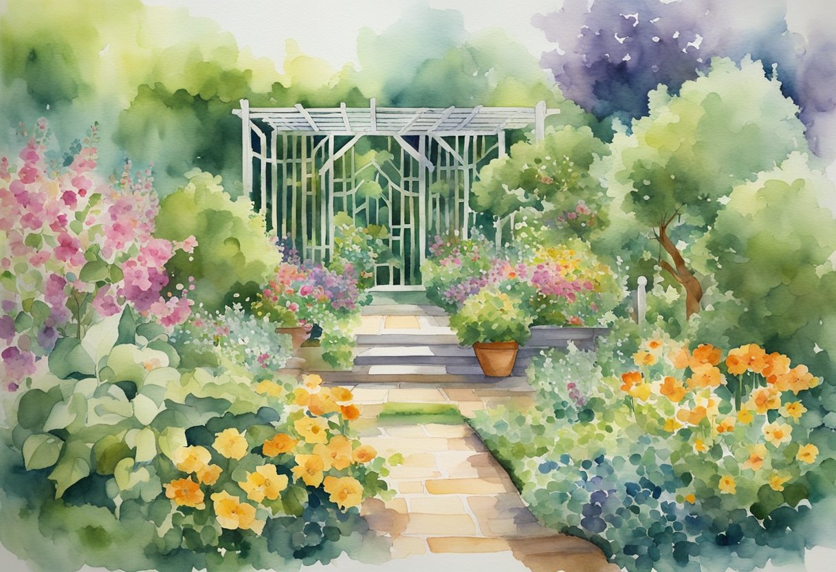 A family garden with a young sapling being nurtured and supported by a trellis, surrounded by vibrant flowers and lush greenery