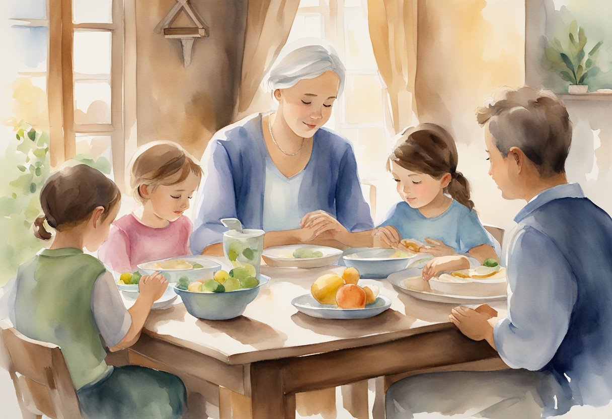 A family sitting around a table, praying before a meal, with a Bible open and children engaged in a discussion about faith and values