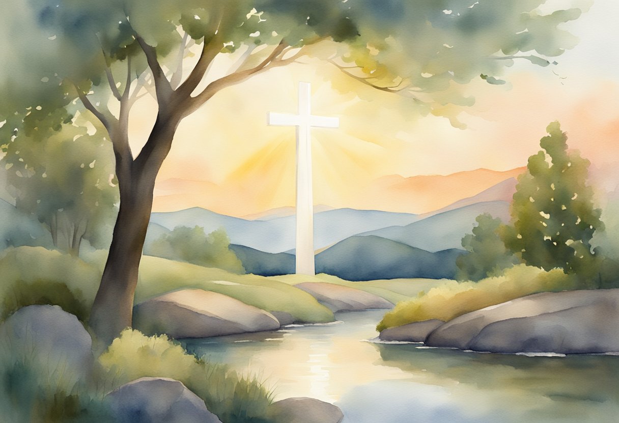 A serene landscape with a towering cross, a Bible, and a light shining from above