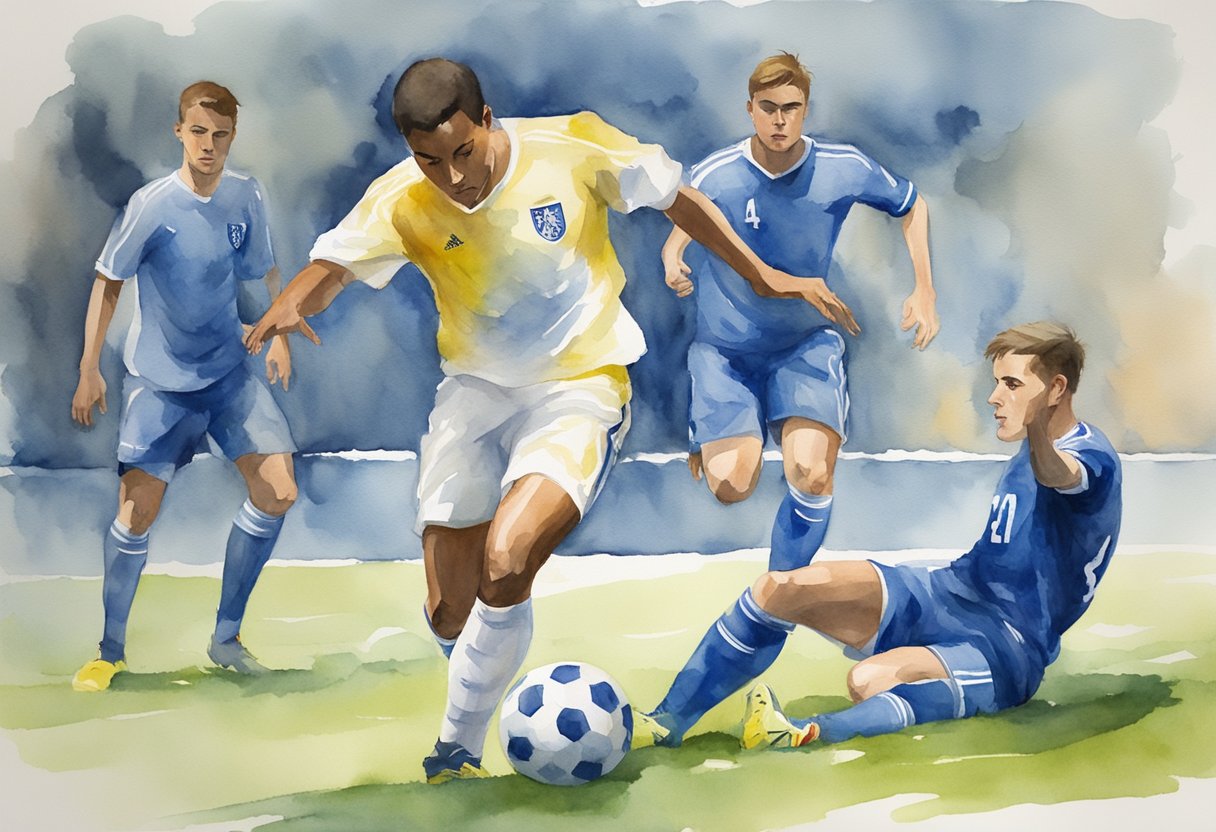 A soccer player refusing to take a dive despite pressure from the opposing team