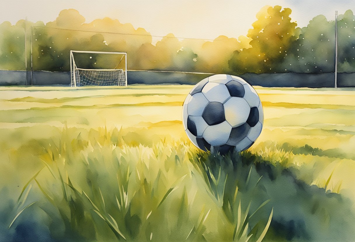 A lone soccer ball sits in the center of a field, bathed in golden sunlight. The grass is freshly cut, and the goalposts stand tall and sturdy, symbolizing the integrity and discipline required in sports and in life