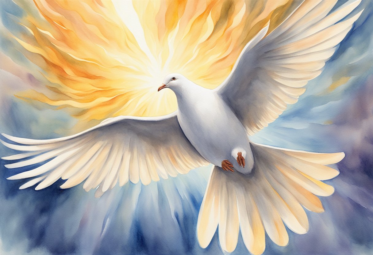 A dove descending from the heavens, surrounded by flames and radiating light, symbolizing the emphasis on the Holy Spirit and gifts in Pentecostal theology