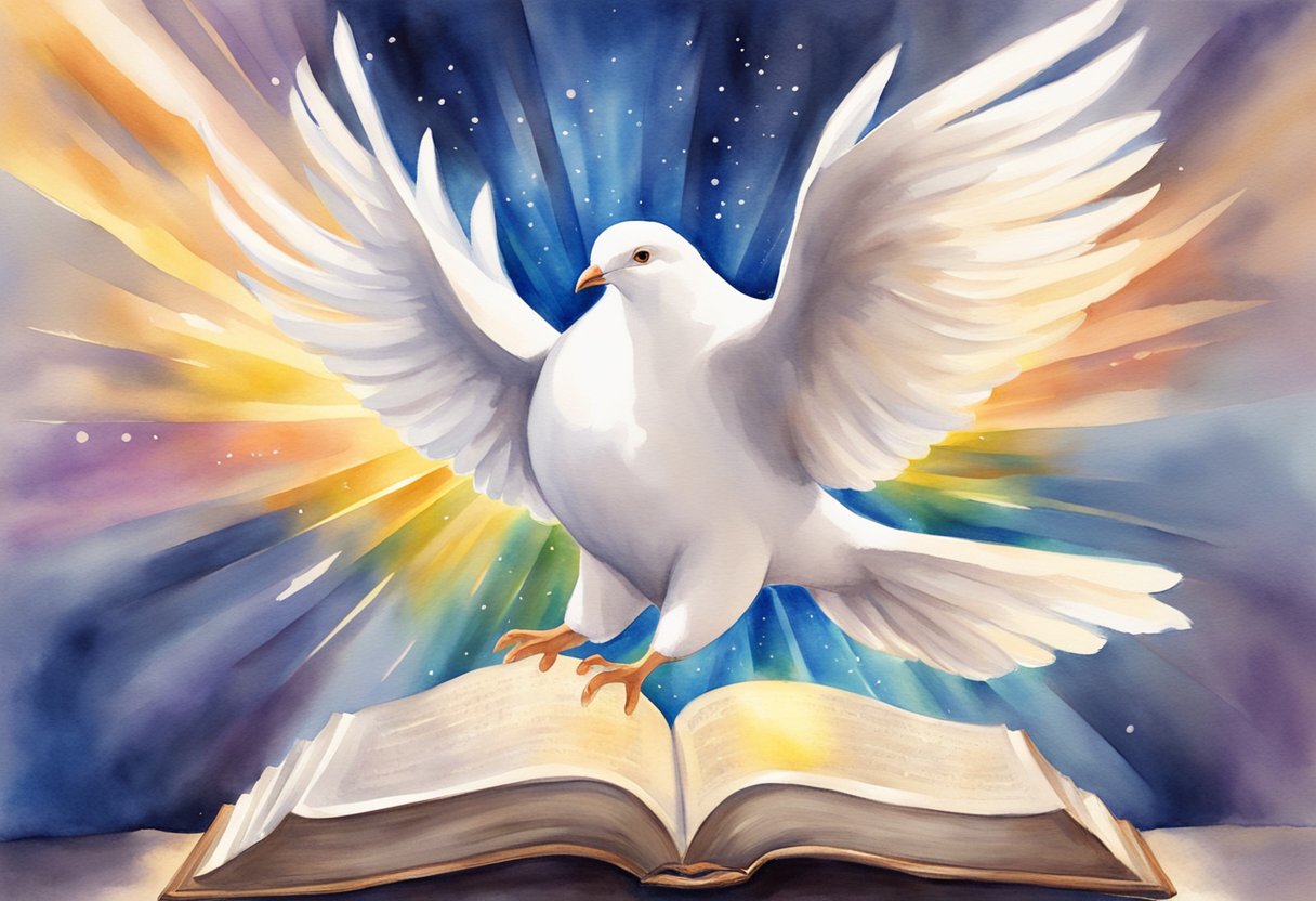 A dove hovers over an open Bible, with rays of light shining down, while flames symbolizing the Holy Spirit surround it