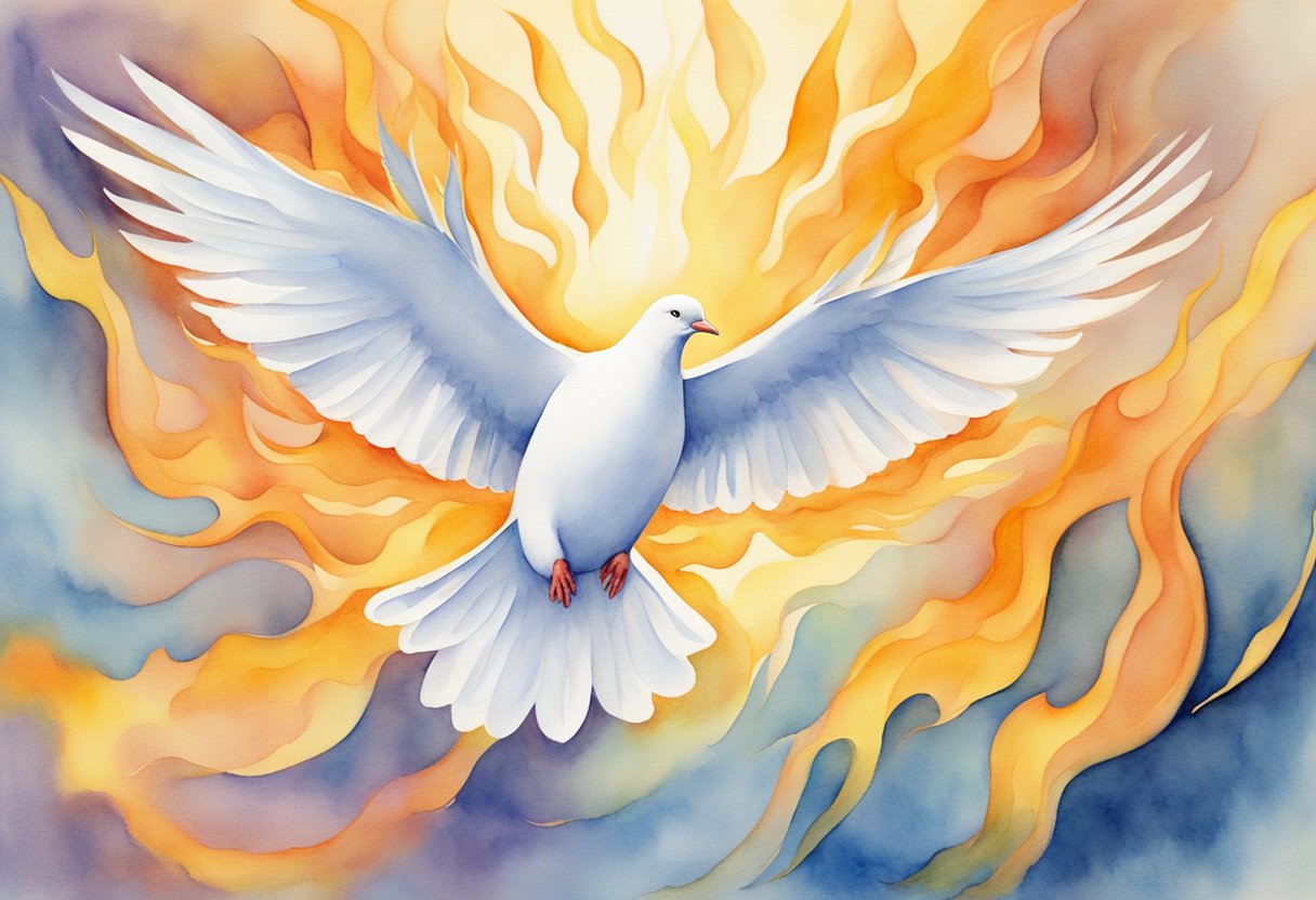 A radiant dove surrounded by flames, symbolizing the Holy Spirit's presence and the gifts of the spirit in Pentecostal theology