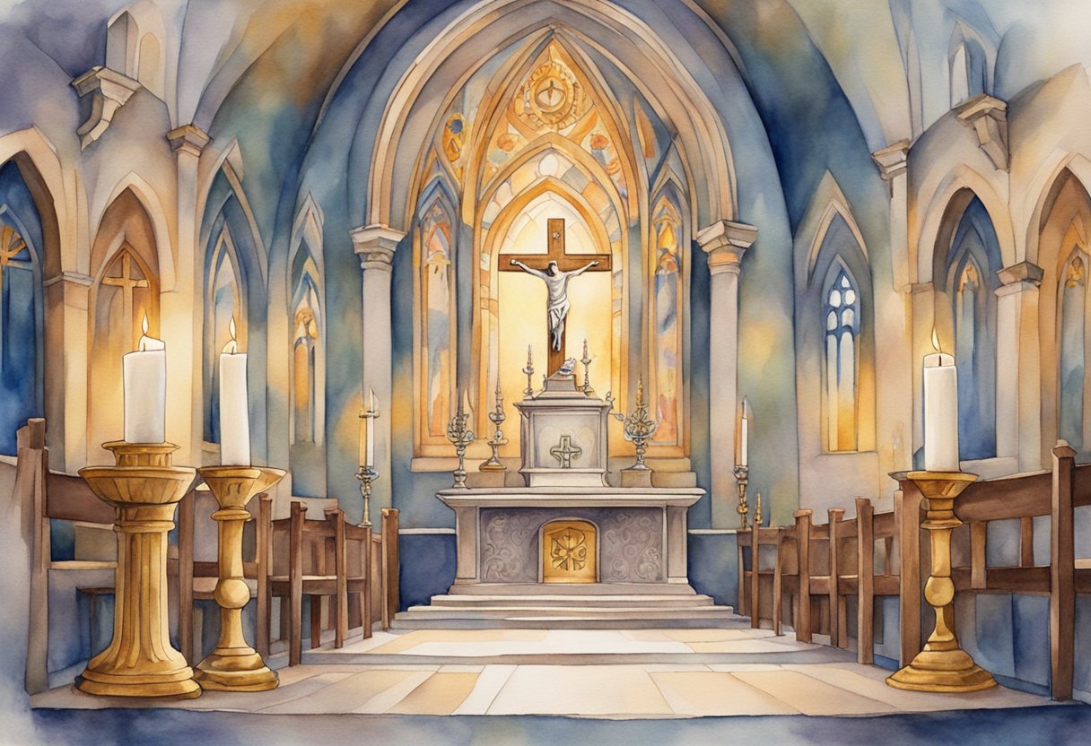 A church altar with lit candles, a chalice, and a crucifix surrounded by ornate religious symbols and artwork