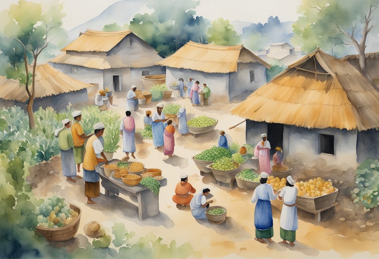 A peaceful village gathering, with people engaged in communal activities such as farming, cooking, and sharing meals