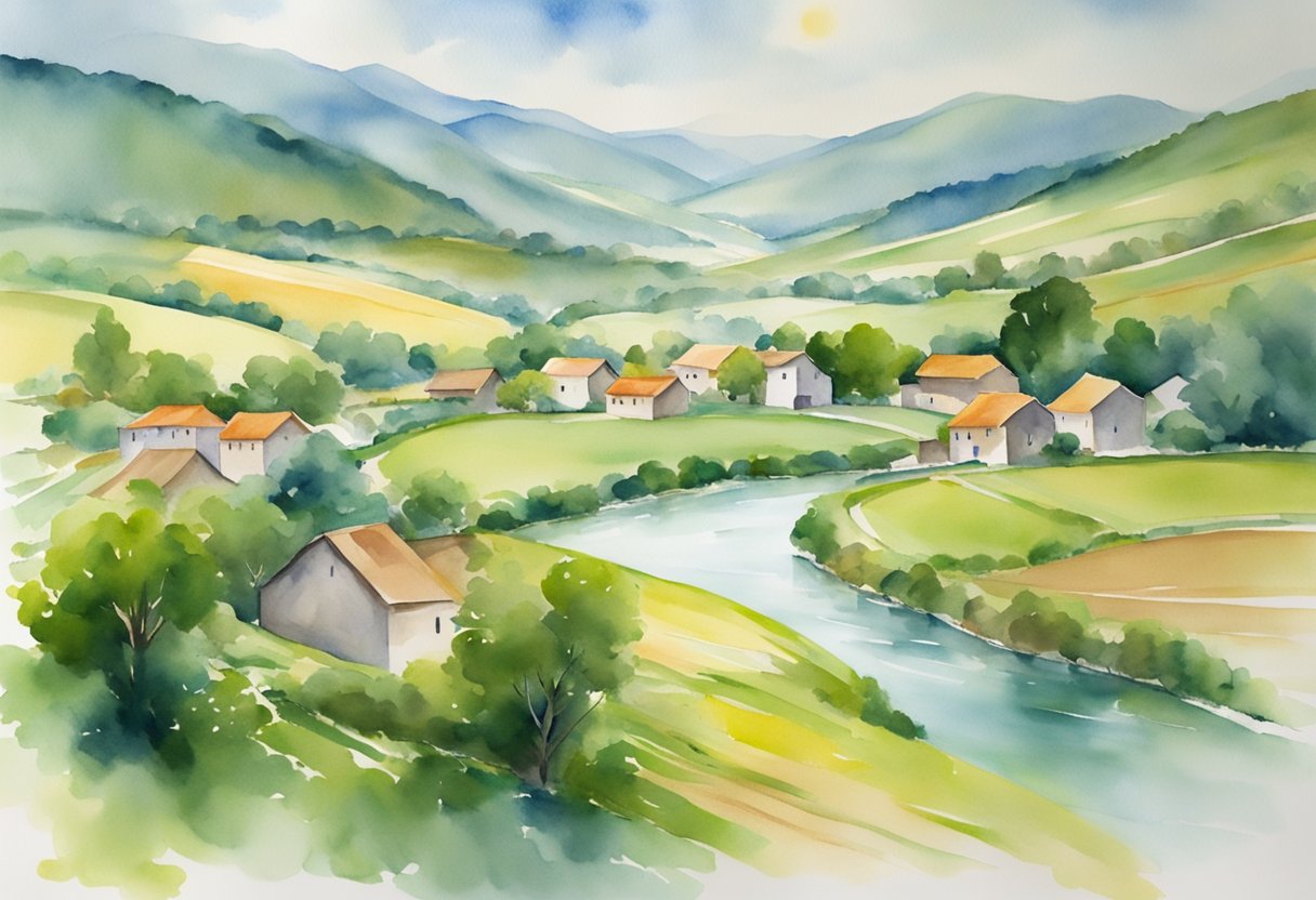 A serene countryside with a peaceful village surrounded by lush green fields and a calm river flowing through, emphasizing the focus on peace and community