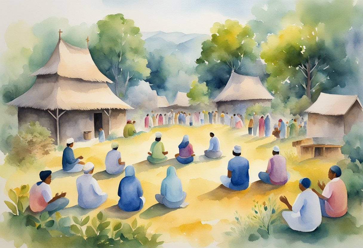 A peaceful village gathering, with people in prayer circles and communal activities, surrounded by nature and symbols of peace