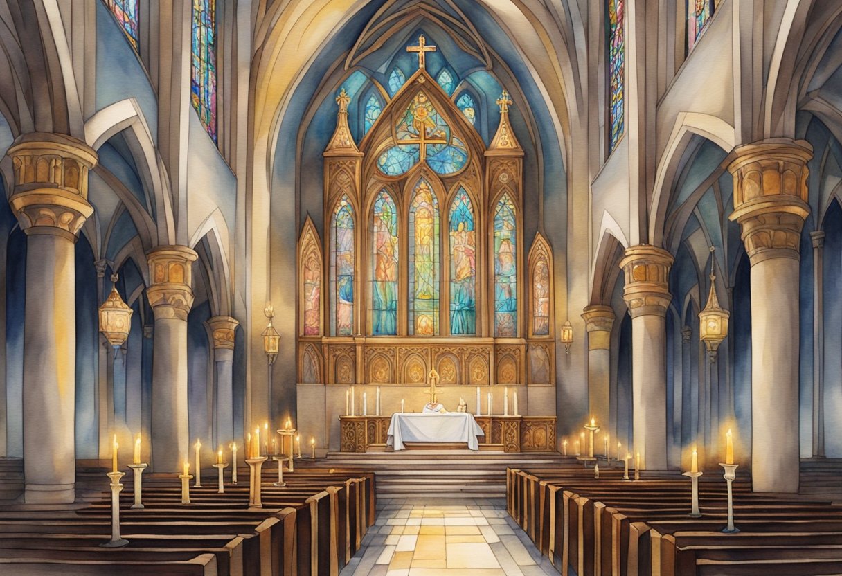 An ornate church altar adorned with candles and a cross, surrounded by intricate stained glass windows depicting biblical scenes