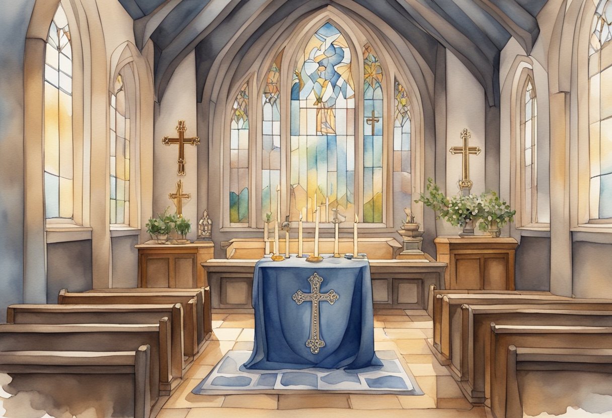 A church altar with a Bible, a cross, and lit candles, surrounded by traditional Anglican religious symbols and imagery
