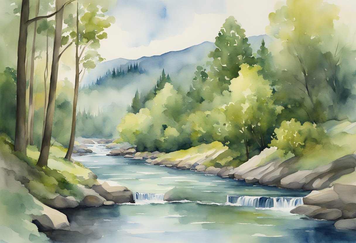 A serene landscape with a river flowing through a lush forest, symbolizing the Methodist emphasis on holiness and social justice