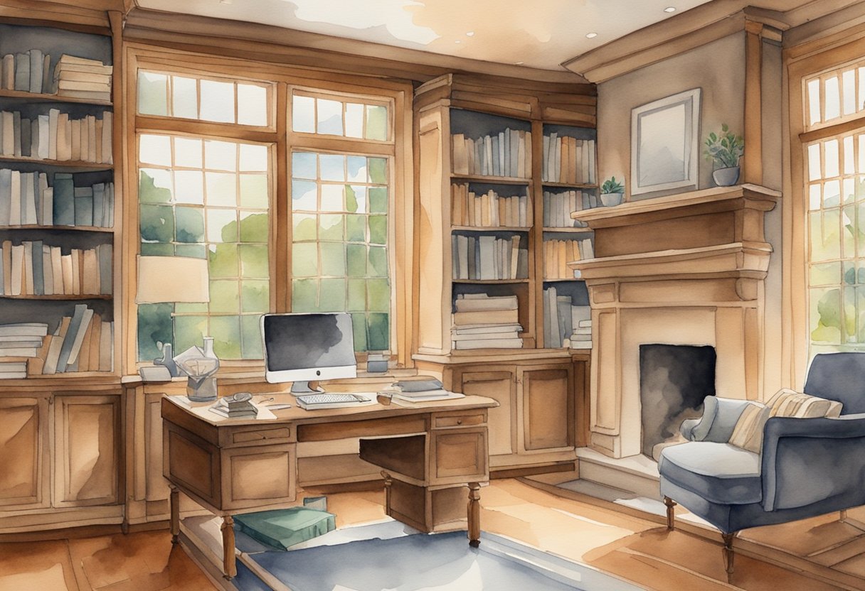 A cozy study with a desk, bookshelves, and a fireplace, surrounded by nature outside the window