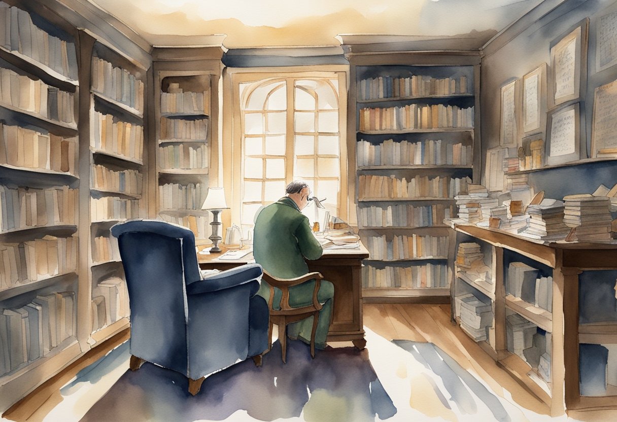 A dimly lit study with a cluttered desk, a cozy armchair, and shelves lined with books, where a figure sits deep in thought, surrounded by the writings of C.S. Lewis
