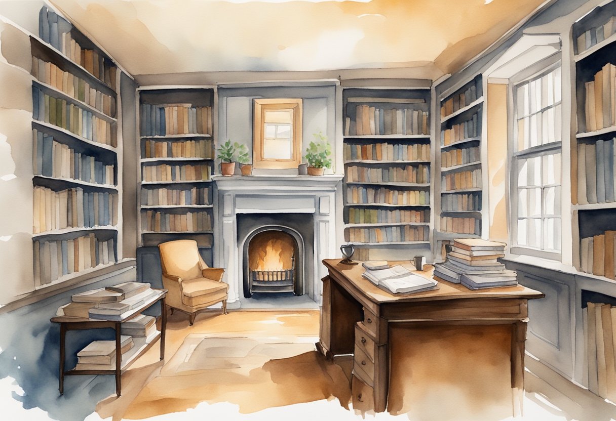 A cozy study with a desk, bookshelves, and a fireplace. On the desk, open books by C.S. Lewis. Outside the window, a serene English countryside