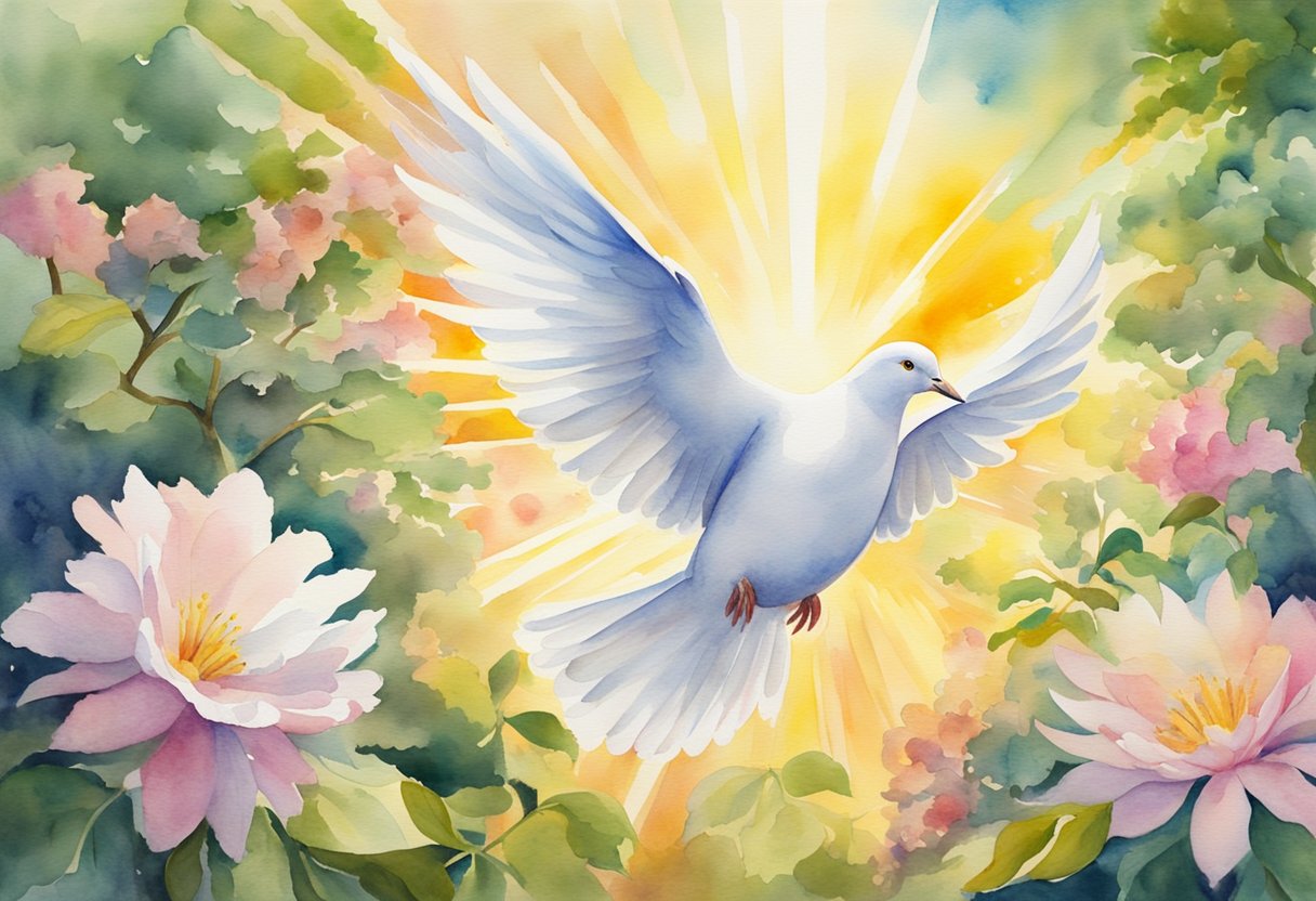 A haloed dove descends from a sunburst, surrounded by rays of light, amidst a lush garden with blooming flowers and fruit trees