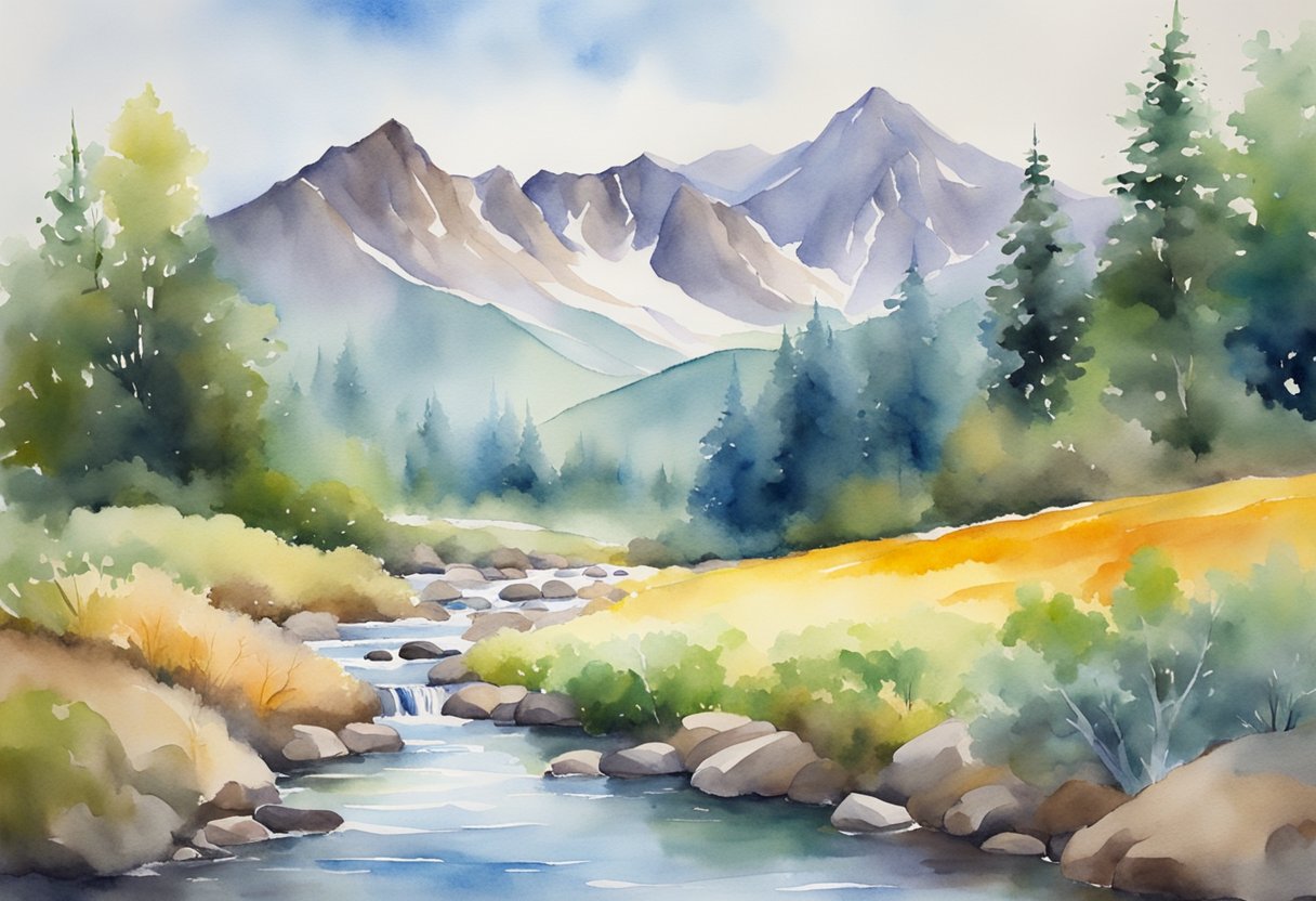 A serene landscape with vibrant colors, a peaceful stream, and a majestic mountain in the background. The scene exudes a sense of harmony and beauty in nature