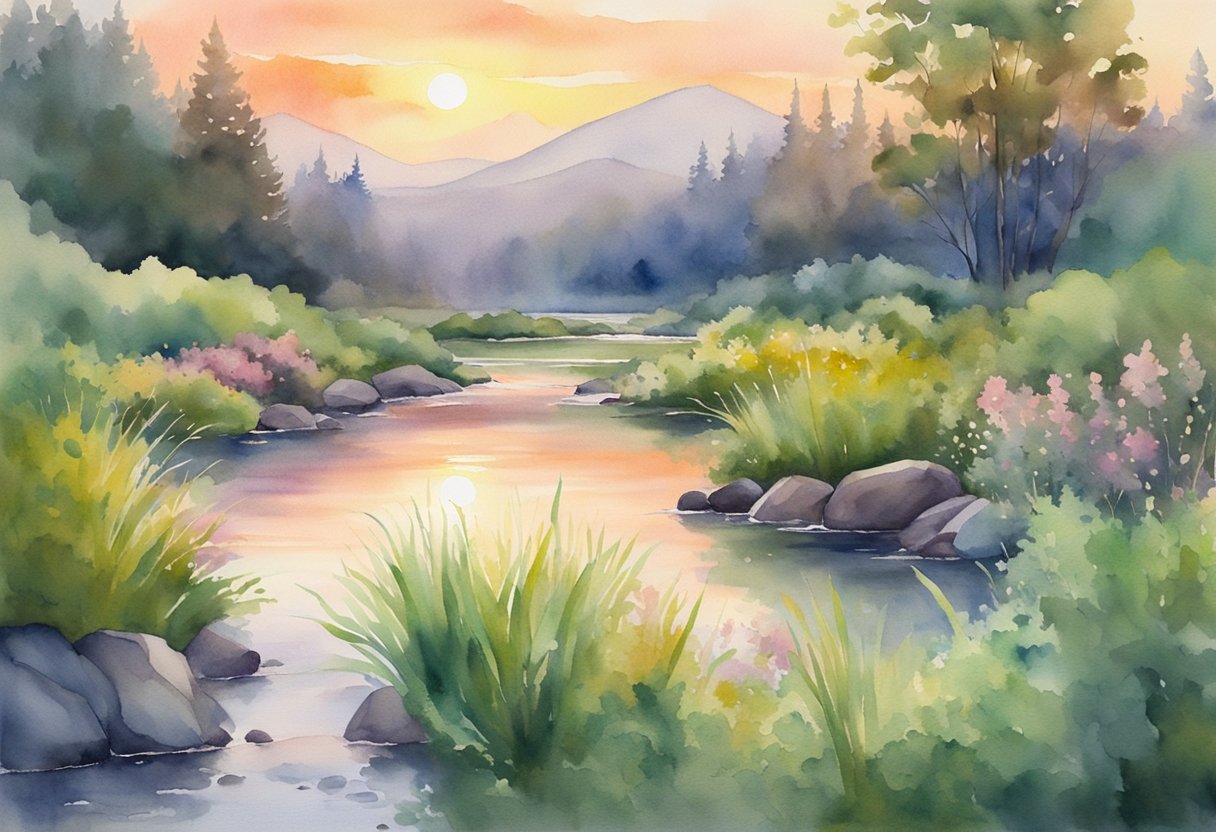 A serene landscape with a vibrant sunset, a peaceful stream, and lush greenery, evoking a sense of awe and wonder at the beauty of creation