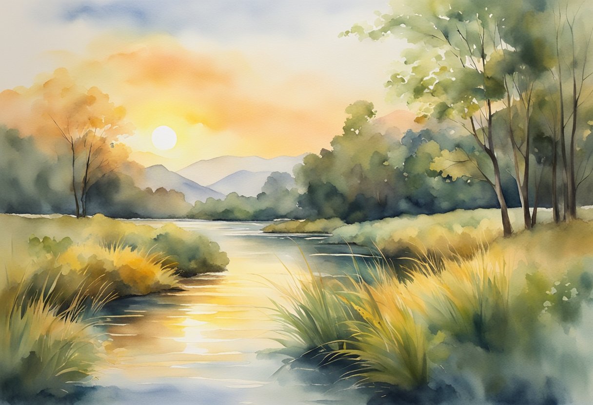 A serene landscape with a golden sunset, casting a warm glow over a tranquil river and lush greenery, evoking feelings of redemption and hope in the beauty of creation