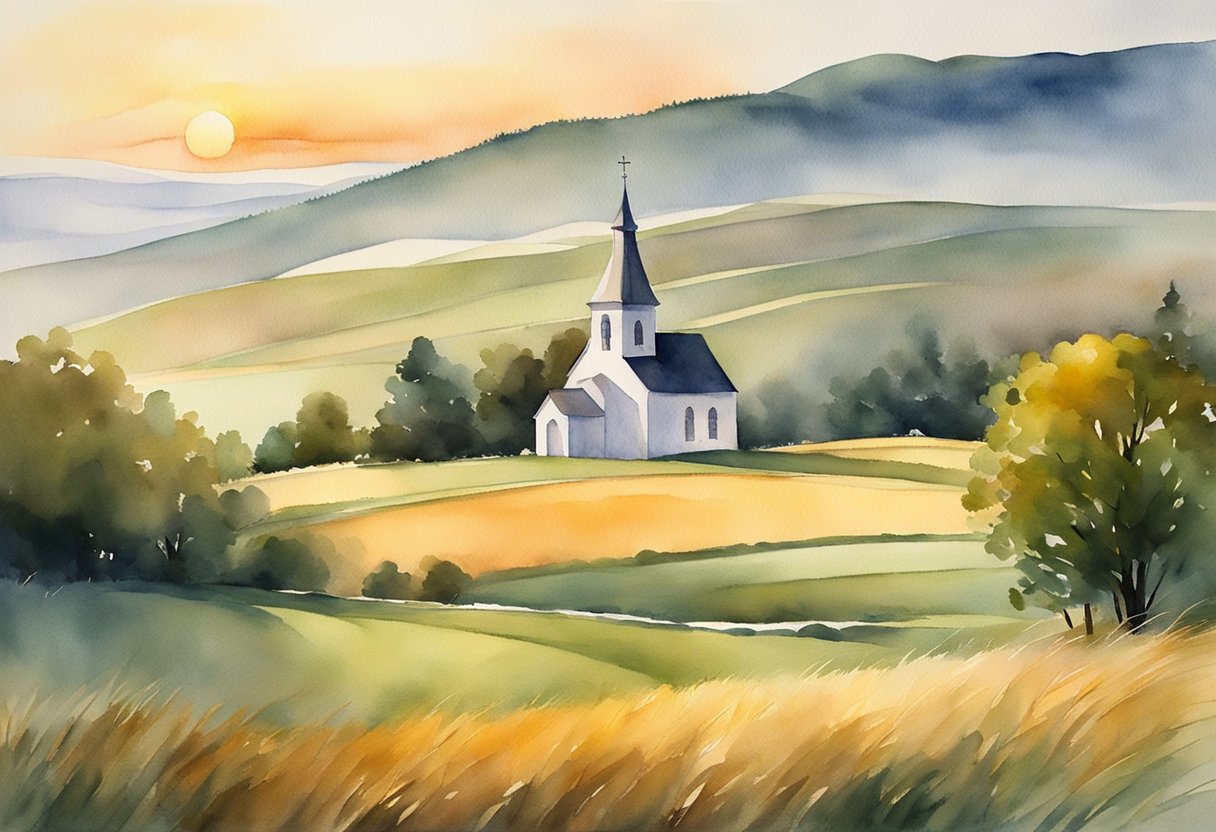 A serene countryside with a small church nestled among rolling hills and a golden sunset casting warm light on the scene