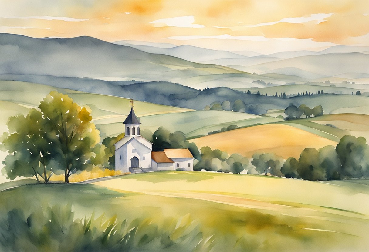 A serene countryside with a small church nestled among rolling hills, with a warm sunset casting a golden glow on the landscape