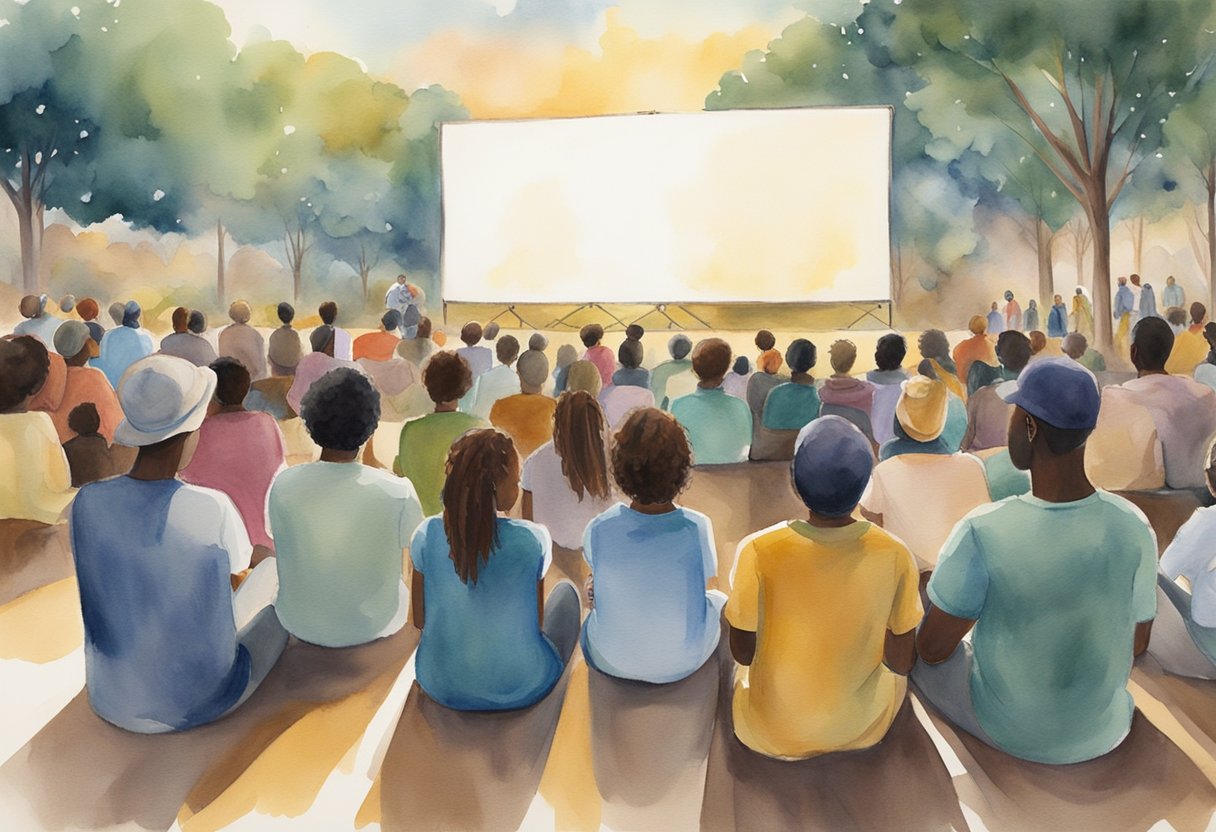 A diverse group watches a Christian film on a large outdoor screen, captivated by the powerful portrayal of faith and its impact on the characters' lives
