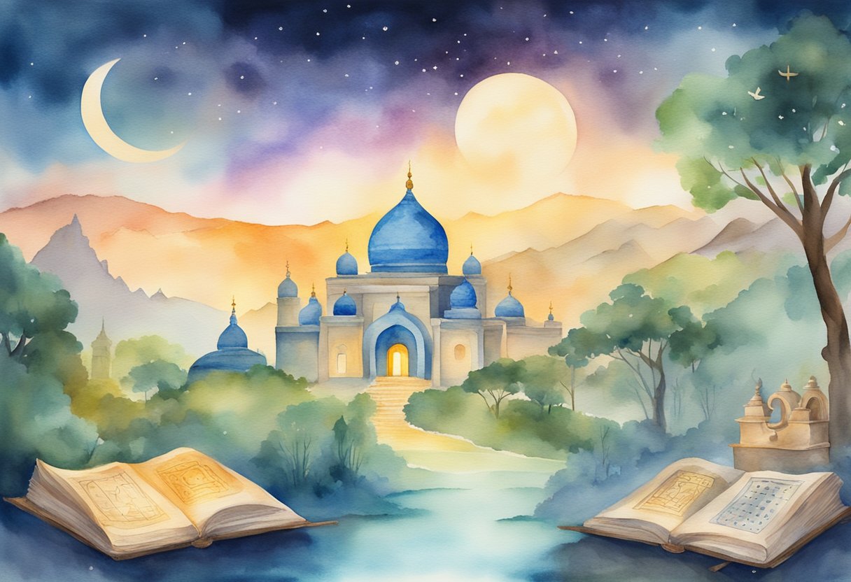 A serene landscape with ancient scrolls and a glowing light emanating from them, surrounded by symbols of different religions and cultures
