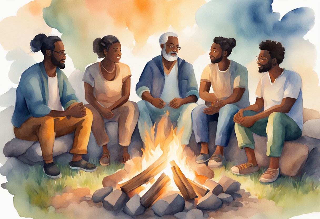 A diverse group of characters from different backgrounds gather around a campfire, sharing stories of faith and spirituality