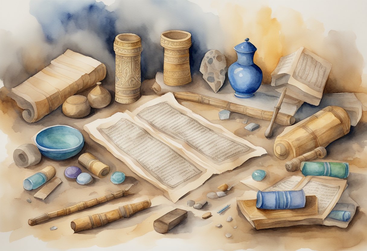 A collection of ancient scrolls and tablets surrounded by archaeological tools and artifacts