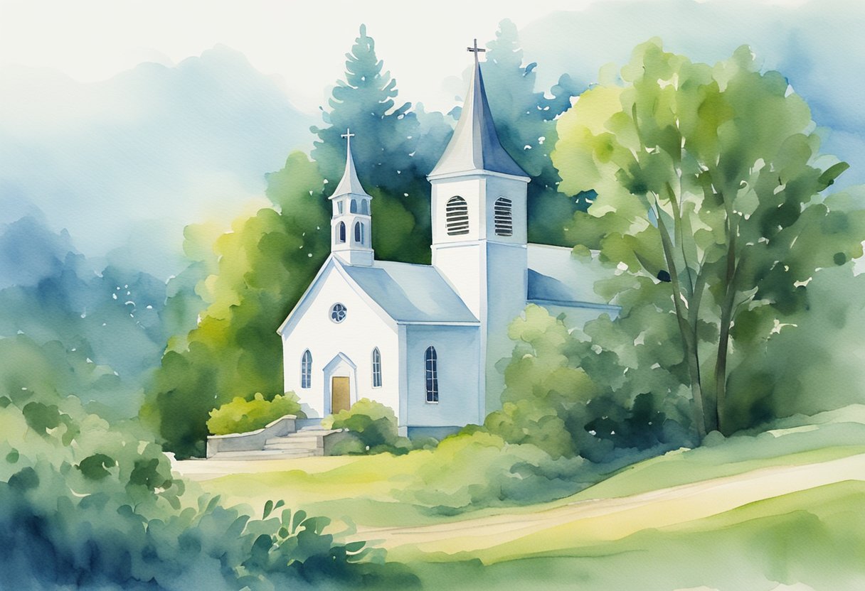 A serene countryside church with a glowing cross, surrounded by lush greenery and a clear blue sky