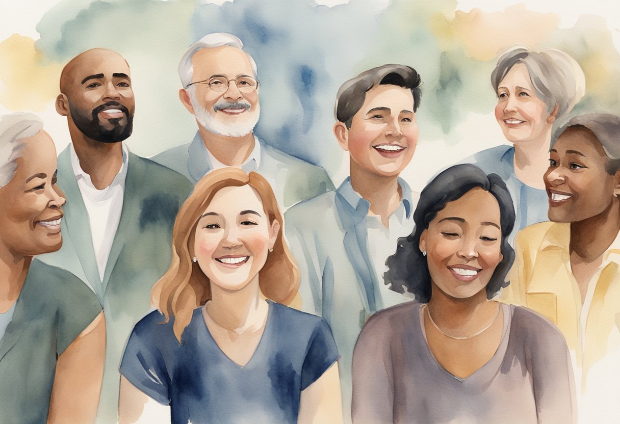 A group of diverse individuals gather around a screen, captivated by a Christian film, their faces reflecting a range of emotions from joy to contemplation