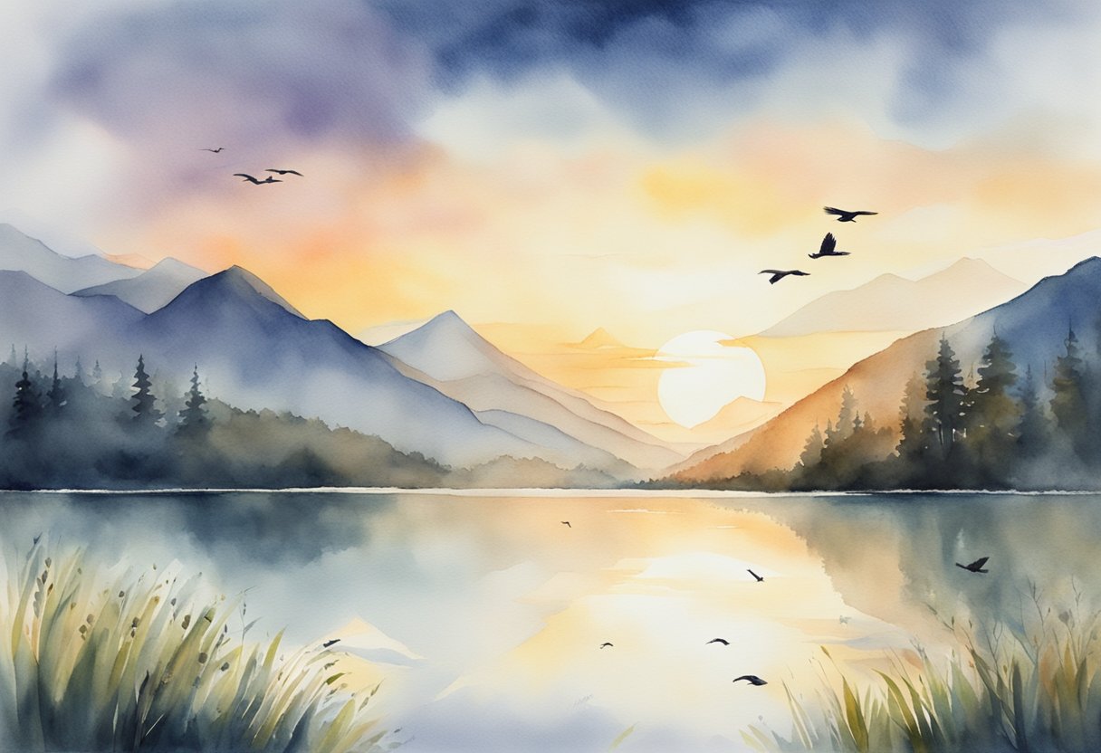 A serene landscape with a glowing sunrise over a mountain, a peaceful lake, and a clear sky with birds in flight