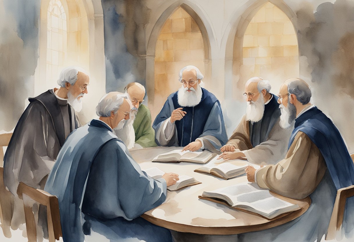 A group of early church fathers gathered around a table, engaged in deep discussion and debate, with scrolls and books scattered around them