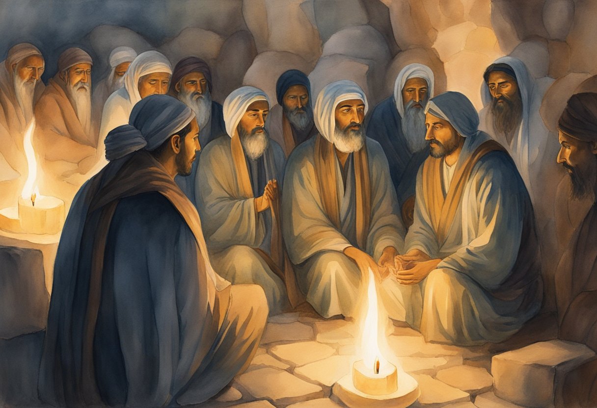 A group of believers huddled in a dimly lit underground chamber, their faces illuminated by the flickering flames of candles, praying fervently amidst the looming threat of persecution