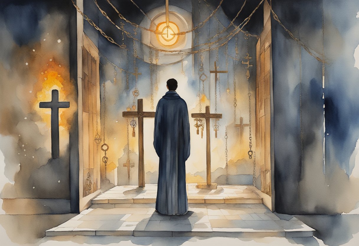 A lone figure stands in a dimly lit space, surrounded by symbols of persecution and faith: chains, crosses, and a flickering flame