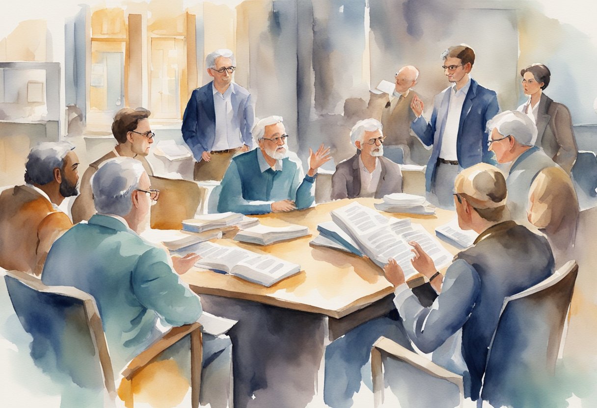 A group of people engaged in lively debate, gesturing and expressing their views on atheism. Books and articles on the topic are scattered around the room