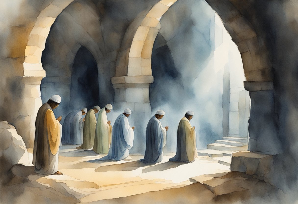 A group of believers gathered in a dimly lit underground room, heads bowed in prayer, as the sound of approaching footsteps echoes in the distance