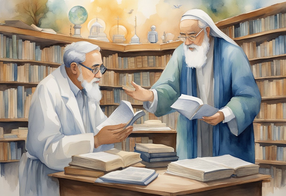A scientist and a religious figure engage in a debate, surrounded by books and symbols of their respective fields