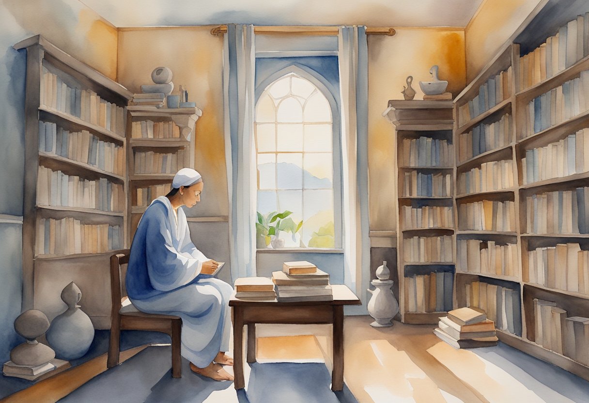 A figure sits in quiet contemplation, surrounded by books and symbols of different religions. The room is filled with soft light, creating a peaceful and introspective atmosphere