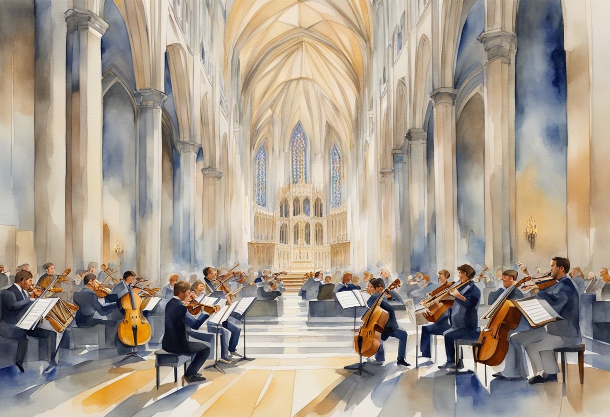 A group of musicians performing in a grand cathedral, with various musical instruments and a mix of traditional and modern elements in the backdrop