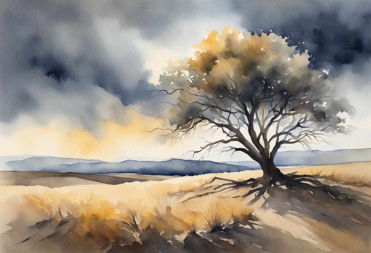 A lone tree stands resilient in a barren landscape, its branches reaching towards the sky as the sun breaks through dark clouds