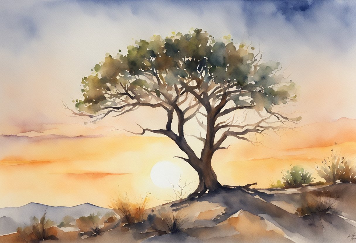 A lone tree stands tall in a barren landscape, its branches reaching out to support smaller, struggling plants around it. The setting sun casts a warm, comforting glow over the scene