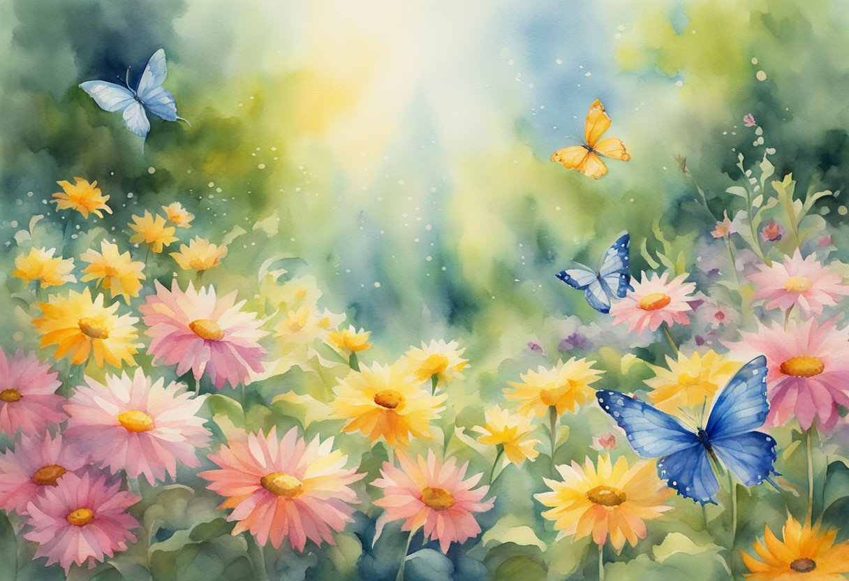 A radiant sunburst of light shining down on a peaceful garden, filled with vibrant flowers and fluttering butterflies