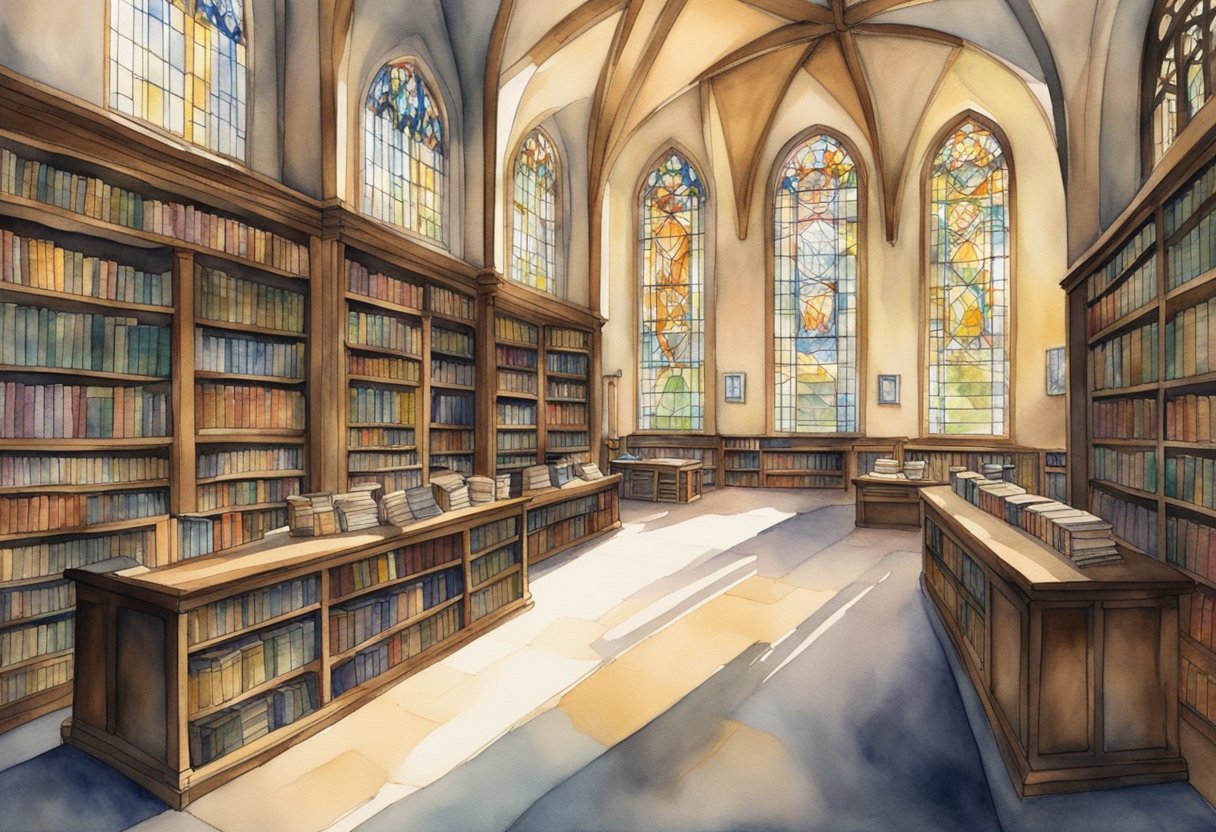 A serene library with shelves of Christian classics, including the Bible, Augustine's "Confessions," and Bunyan's "Pilgrim's Progress." Sunlight streams through stained glass windows