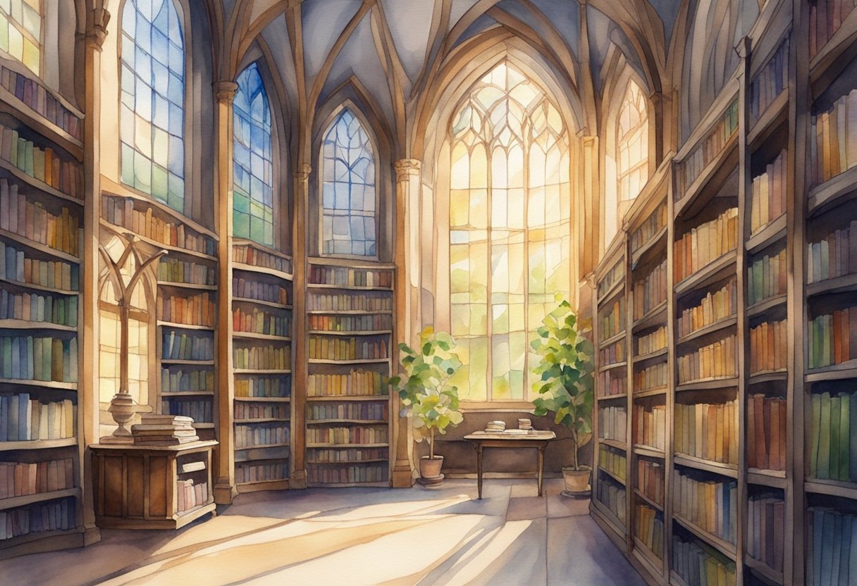 A tranquil library with shelves of classic Christian literature, illuminated by soft sunlight streaming through stained glass windows