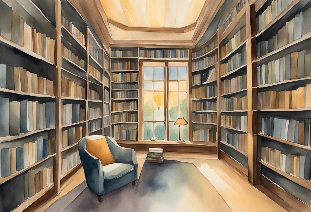 A modern library with shelves filled with influential Christian literature, including works by C.S. Lewis, Dietrich Bonhoeffer, and Tim Keller. The soft glow of reading lamps illuminates the quiet space