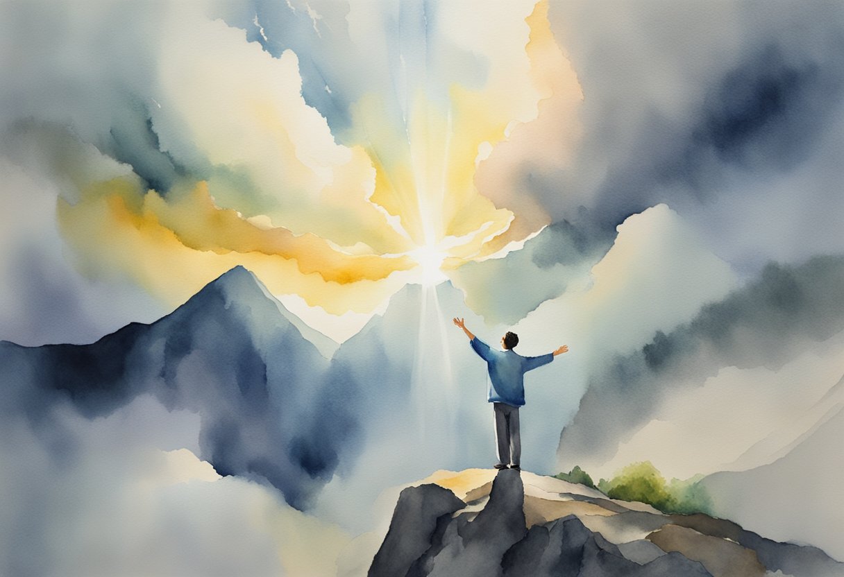A figure stands atop a mountain, arms outstretched, surrounded by storm clouds. A beam of light breaks through, illuminating their joyful expression