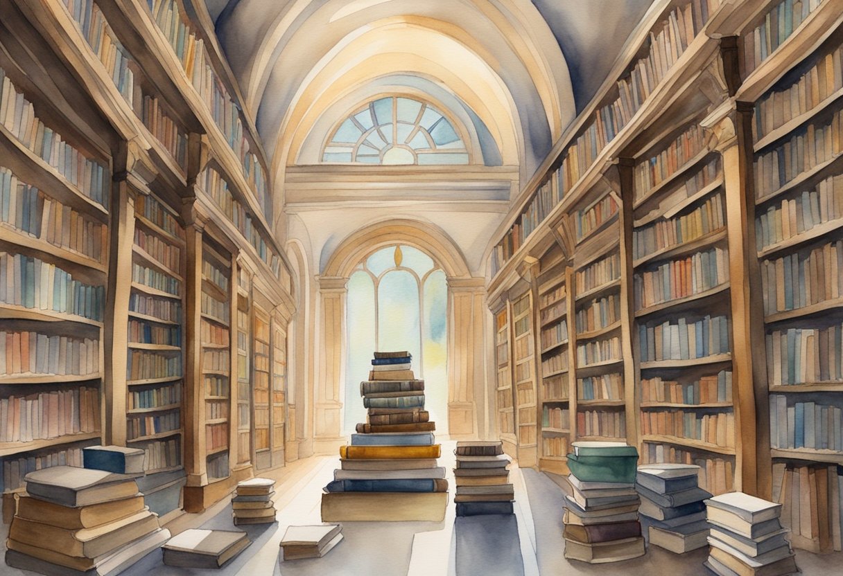 A library filled with ancient and modern Christian literature, with books stacked high and open pages revealing profound words